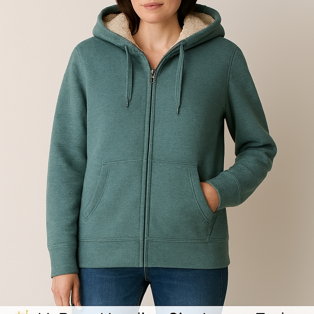 LL Bean Jacket Size Large Heathered Teal Zip Up Sherpa Style Hooded EUC